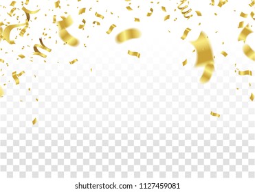 festive design. Gold Border of colorful bright confetti isolated on transparent background. Party decoration frame for birthday, anniversary, celebration. Vector illustration