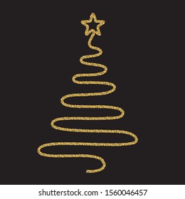 Festive design with gold glitter texture element. Christmas tree on black background. Holidays vector illustration for calendar, party invitation, card, poster, banner web