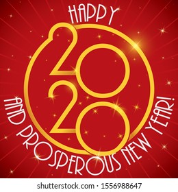 Festive design with golden letters inside circle, greeting message and glows for the upcoming New Year 2020.