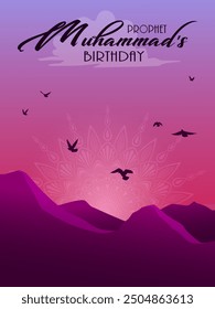 Festive design for greeting card or poster for islamic celebration Mawlid Al Nabawi. Abstract setting sun in purple sky over mountains and text Prophet Muhammad birthday.