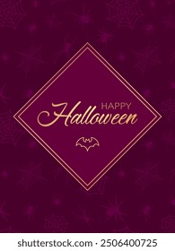 Festive design for greeting card or poster for Halloween. Golden text Happy Halloween on purple background with golden frame and seamless pattern with spiders and spiderweb under clipping mask.