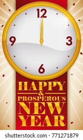 Festive design with greeting message over red ribbon and golden clock under confetti shower marking the beginning of the New Year.