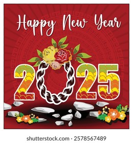 Festive design greeting the New Year 2025 featuring vibrant floral elements and symbolic decorations, conveying joy and celebration. Flat vector modern illustration 