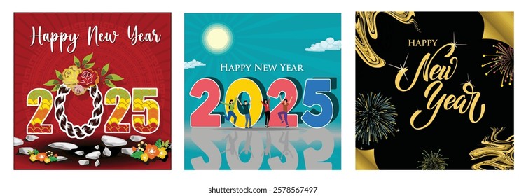 Festive design greeting the New Year. A cheerful group celebrating the arrival of 2025 with large, vibrant numbers and a lively atmosphere. Perfect for festive holiday cards, invitations, and celebrat