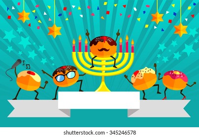 diseño festivo para Hanukkah con donuts de caricatura