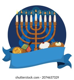 Festive design for Hanukkah with traditional elements: hanukkiah with lighted candles, dreidel, gelt, sufganiyah and latke behind blue ribbon and button with David's Star.