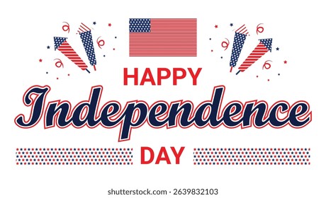festive design with happy independence day message in red blue with fireworks and flag