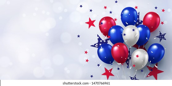 Festive design with helium balloons in national colors of the american flag and with pattern of stars on white background. USA greeting banner for sale, discount, advertisement, web. Place for text