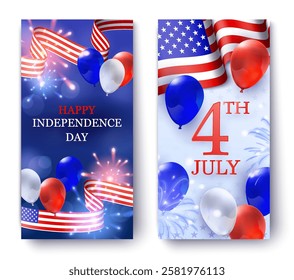 A festive design for Independence Day featuring red, white, and blue colors. The left side has balloons and fireworks with the text 'Happy Independence Day'.