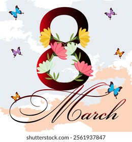 A festive design for March 8th, featuring a bold number 8 adorned with colorful flowers and leaves. Delicate butterflies flutter around, set against a soft pastel background, celebrating Women's Day.