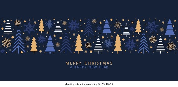 Festive design Merry Christmas and Happy New Year with Christmas trees and beautiful snowflakes in a modern style on a blue background. Winter forest with falling snow. Vector illustration.