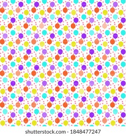 Festive design. Multicolored balloons and pink confetti are scattered around on a white textured background. Seamless vector pattern for cover and surface.