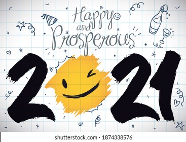 Festive design on notebook paper, with cute doodles and happy face over yellow splatter for 2021 New Year celebration.