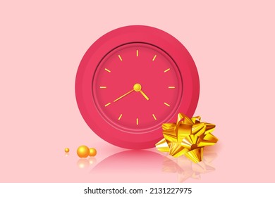 Festive design. Pink wall clock, golden bow and golden pearls. Festive background with 3d decor