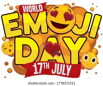 
Festive design with reminder ribbon for World Emoji Day this 17th July with funny emoticons to decorate it: face with hearts in its eyes, dead face, flushed face and pierced heart with arrow.