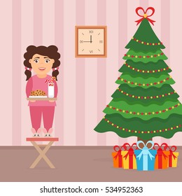 Festive design of the room.Girl, milk and cookies for cute Santa, festive decorated tree and gifts. Merry Christmas and Happy New year. Vector in flat style.