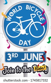 Festive design with round sign with bike silhouette, reminder date and greeting sign with tape inviting you to join the ride during the celebration of World Bicycle Day.