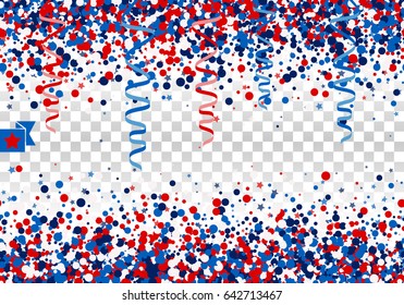 Festive design seamless background concept with scatter circles, stars, serpentine in traditional American colors - red, white, blue. Isolated.
