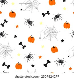 Festive design of simple seamless pattern for Halloween. Scary spiders, cobwebs, pumpkins, bones, stars. White background and dark and orange decorations