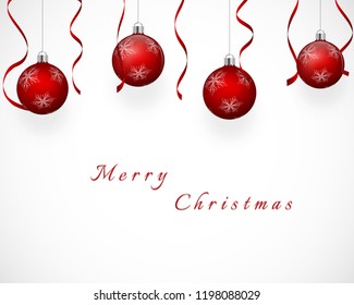 Festive design with snowflake patterned red christmas tree balls and ribbons, on white gray gradient background. Vector eps 10.