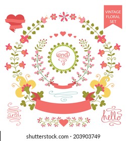 Festive design template set  in Retro style with floral Frames,elements ,wreath, ribbon. For Wedding  invitation, greeting card, cover.Festive celebration vector.