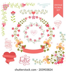 Festive design template set  in Retro style with floral Frames,elements ,wreath, ribbon. For Wedding  invitation, greeting card, cover.Festive celebration vector.