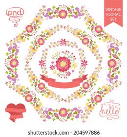 Festive design template set in Retro style with floral Frames,wreaths,heart,ribbon. For Wedding  invitation, greeting card, cover.Festive celebration vector.