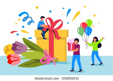 Festive design Tiny people celebrate on the background of a large box with gifts and balloons of bouquets of flowers Holiday banner, web poster, flyer, stylish brochure, greeting card, cover Vector