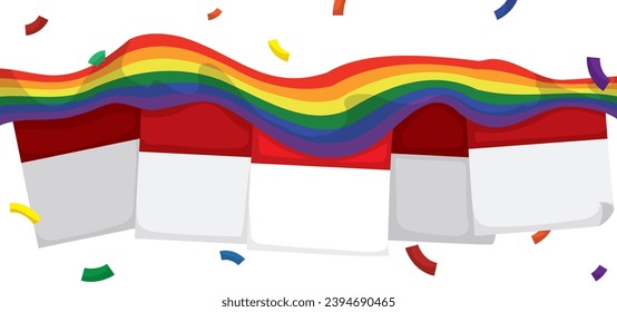 Festive design with waving rainbow flag covering five calendar pages and under a festive confetti shower.