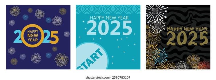 A festive design to welcome 2025. Featuring fireworks, bright colors and brilliant typography. Happy New Year 2025 concept. Set flat vector illustration.