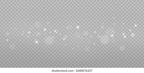 Festive design. White dusty light png. Transparent background with glitter particles or star flare effect. Rainbow illustration of glowing boxing confetti and glitter, bokeh and lights.