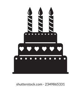 Festive dessert, cake with candles, Black silhouette. Vector illustration, icon.