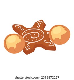 Icono de postre festivo vector isométrico. Galleta de pan de jengibre casera y nuez de macadamia. Postre, concepto de comida