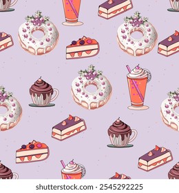 Festive Dessert Pattern with Donuts, Cupcakes, and Hot Drinks. Seamless Holiday Sweets Pattern with Festive Pastries