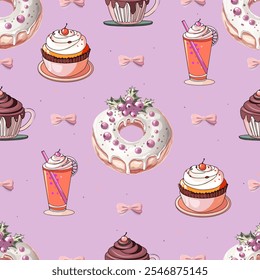 Festive Dessert Pattern with Donuts, Cupcakes, and Hot Drinks. Seamless Holiday Sweets Pattern with Festive Pastries