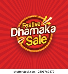 Festive Dhamaka Sale Logo Design Vector Red Background. Sale Poster, Sale Banner, Sale Flyer. Marketing, Promotional Advertising Template