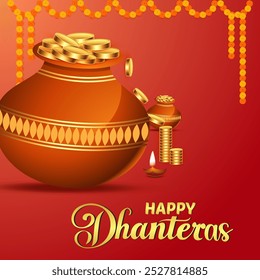 Festivo Dhanteras saudação com um pote de argila fundo vermelho transbordando com moedas de ouro um diya iluminado e DHANTERAS FELIZ em letras negrito na parte inferior para um design vibrante