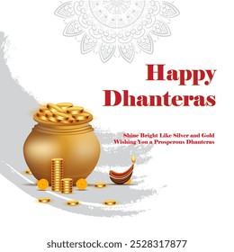  A festive Dhanteras greeting with a white background and gray brushstroke effect. It features a large pot overflowing with gold coins and a lit diya beside a smaller pot symbolizing prosperity