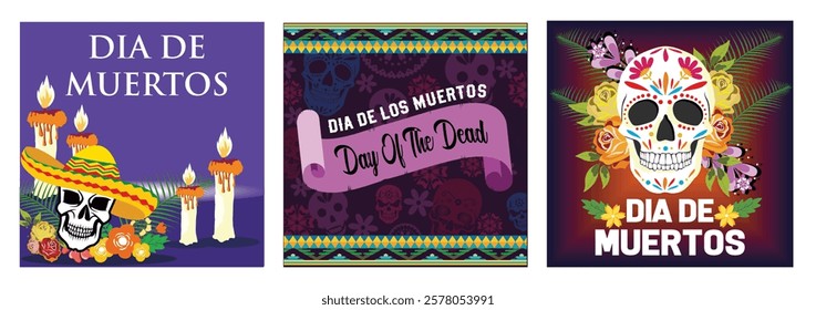 The festive Dia de los Muertos design.  Festive skulls and decorative patterns to honor Mexican traditions. Colorful sugar skulls like bright flowers. Set flat vector modern illustration 