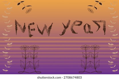 Obra de arte digital festiva con las palabras 'NUEVO AÑO' en una fuente oscura con textura contra un llamativo gradiente de Vertical de naranja desvaneciéndose en púrpura profundo, enmarcado por delicados motivos vegetales.