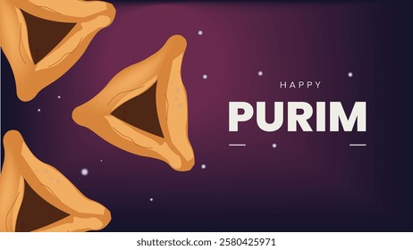 A festive digital banner for Purim featuring golden Hamantaschen cookies on a dark purple gradient background symbolizing the Jewish holiday and tradition