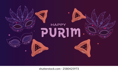 A festive digital banner for Purim featuring decorative masquerade masks and Hamantaschen cookies on a deep purple background symbolizing the joyous Jewish holiday