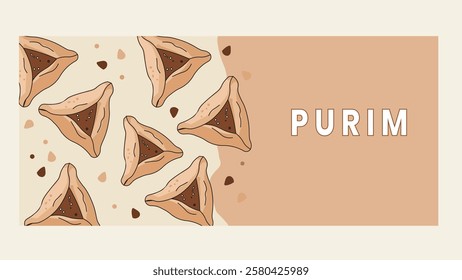 A festive digital banner for Purim featuring traditional Hamantaschen cookies with a warm color palette symbolizing the Jewish holiday and celebration spirit