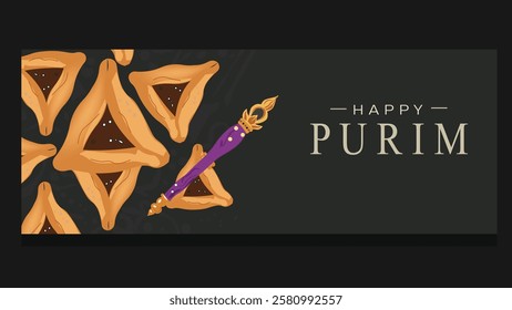 A festive digital banner for Purim featuring golden Hamantaschen cookies and a decorative Megillah scroll on a dark background symbolizing the Jewish holiday tradition