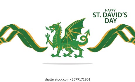 A festive digital banner for St Davids Day featuring a majestic green and gold Welsh dragon with decorative flowing ribbons on a white background symbolizing Welsh heritage and pride