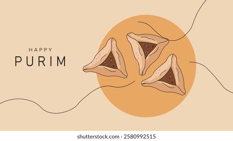 A festive digital design for Purim featuring three traditional Hamantaschen cookies with a warm orange background symbolizing joy and the Jewish holiday celebration