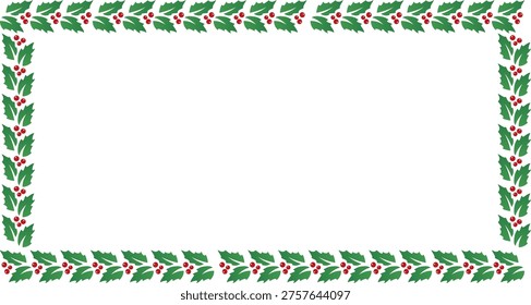 Festive digital frame featuring a decorative rectangular border made from repeating holly leaves and bright red berries, arranged in a clean and balanced composition. This seasonal artwork combines traditional motifs with a modern graphic approach, creating a visually appealing layout that highlights natural elements and celebratory charm. The rich green foliage paired with vibrant berry accents delivers a strong contrast against a light or neutral background, ensuring clarity and visual impact.

The repeating pattern structure forms a cohesive border that frames content beautifully, making it ideal for a wide range of creative applications. Smooth edges and consistent spacing provide a polished appearance, while the organic shapes of leaves and berries add warmth and character. This combination of structure and natural detail results in a design that feels both classic and contemporary.

Perfect for greeting cards, invitations, flyers, posters, social media posts, website headers, and digital decorations, this frame offers flexibility for both personal and commercial use. The open central area allows easy placement of text, logos, or images, making it practical for customized layouts and branding materials. Its balanced composition ensures that content remains the focal point while the border enhances the overall presentation.

Designers can easily edit colors, adjust proportions, or integrate the frame into larger projects without compromising detail or sharpness.

The design reflects seasonal themes associated with joy, togetherness, and festive occasions, making it suitable for winter campaigns and celebratory messages. Its timeless aesthetic ensures broad appeal while remaining adaptable to modern creative trends.
