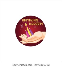 A festive digital illustration features a pair of hands holding three colorful candles with glowing flames, set against a deep red circular background with sparkling stars and "Ramadan Kareem" written