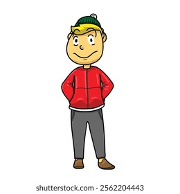 Festive digital illustration of a young man with blonde hair dressed in a stylish red winter coat and a green beanie, set against a snowy winter background. Perfect for themes related to Christmas, ho