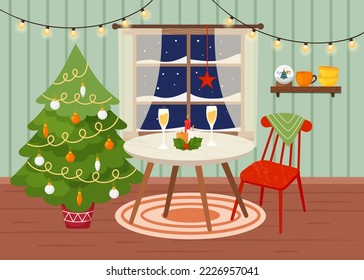 Festive dining room interior with furniture, Christmas tree, window with night scene. Glasses of champagne and candles on the table. Vector cozy rustic style room background
